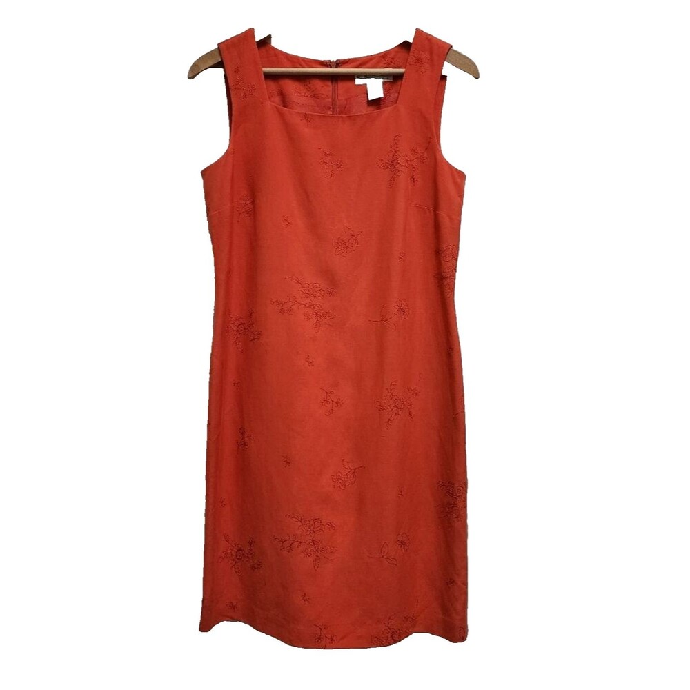 Grace Womens Orange Silk Linen Floral Embroidered Sleeveless Sheath Dress Sz 10